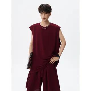 Set: Crew Neck Plain Textured Tank Top + Mid Rise Shorts Wine Red by Freehop