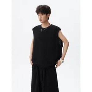 Set: Crew Neck Plain Textured Tank Top + Mid Rise Shorts Black 282186107