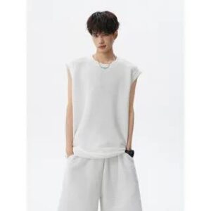 Set: Crew Neck Plain Textured Tank Top + Mid Rise Shorts White 282186111