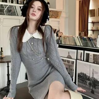 Peter Pan Collar Mini Dress Gray by Ukiyo