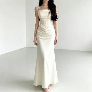 Spaghetti Strap Plain Sequin Satin Sheath Evening Gown White by JIYON