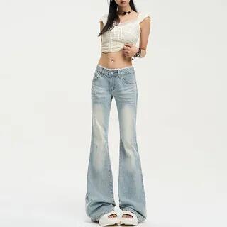 Low Waist Washed Flared Jeans Light Blue by Denimot
