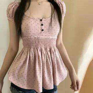 Puff Sleeve Scoop Neck Dotted Ruched Slim-Fit Top Pink by Sosana