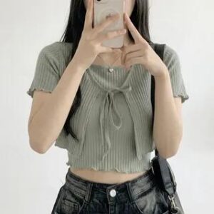 Set : Short-Sleeve Plain Ruffled-Trim Lace-Up Cropped Cardigan + Tank Top White 282206885