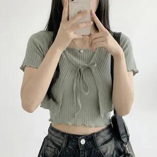Set : Short-Sleeve Plain Ruffled-Trim Lace-Up Cropped Cardigan + Tank Top Black by SeoulPop