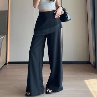 High Waist Plain Skirt Overlay Wide Leg Pants Black by Magimomo