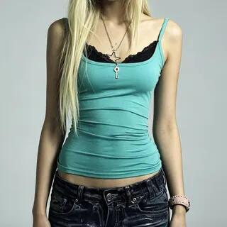 Spaghetti Strap V-Neck Plain Crop Camisole Top Blue by Sugarcoat