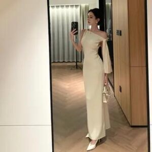 Off Shoulder Plain Sheath Evening Gown Milky White 282216939