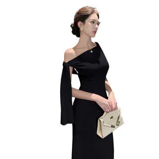 Off Shoulder Plain Sheath Evening Gown Black by Yilda