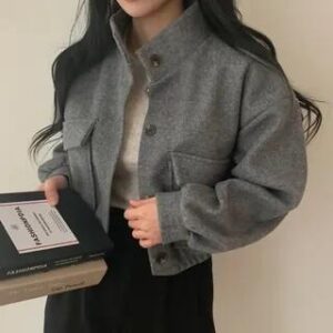 Stand Collar Croped Jacket Dark Gray 282216962