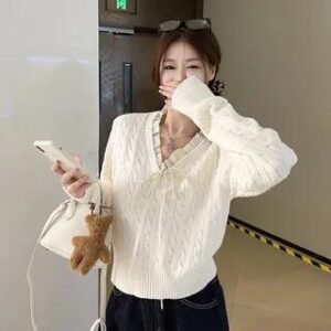 V-Neck Mock Two-Piece Bow Accent Frill Trim Cable Knit Top White 282216968