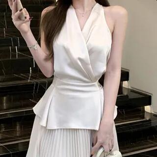 Halter-Neck Wrap Blouse / High Waist Accordion Pleat Mini A-Line Skirt Blouse - White by NENE