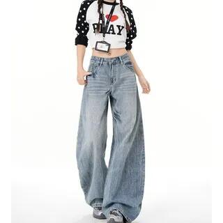 Mid Rise Washed Barrel Leg Baggy Jeans Blue by Wildfoea