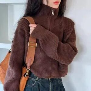 Turtleneck Half Zip Plain Crop Sweater Coffee 282221697