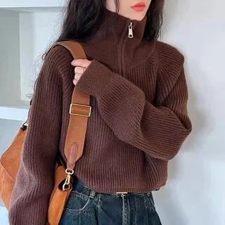 Turtleneck Half Zip Plain Crop Sweater Coffee by Sienne
