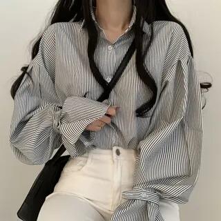 Long-Sleeve Striped Button-Up Shirt Black by Happo