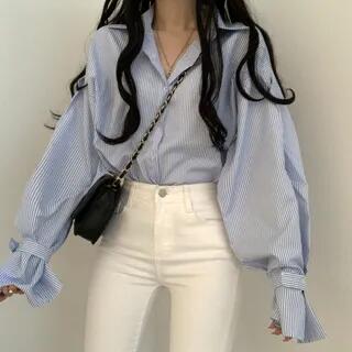Long-Sleeve Striped Button-Up Shirt Blue by Happo