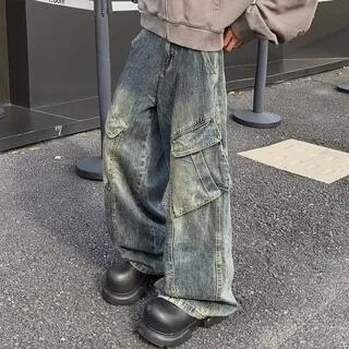 Low Waist Washed Baggy Cargo Jeans Blue by Kenning