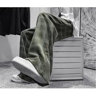 Mid Rise Plaid Corduroy Wide Leg Pants Army Green by Urtishia