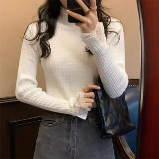 Mock Neck Plain Ribbed Lace Trim Sweater White by Muezz