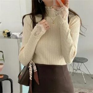 Mock Neck Plain Ribbed Lace Trim Sweater Almond 282228748