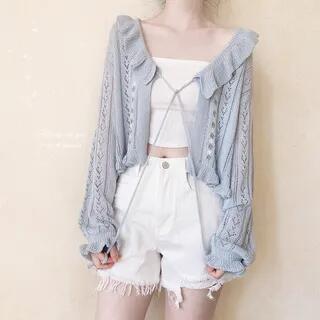 Ruffle Eyelet Cardigan / Camisole (Various Design) Pink Floral Cardigan - White by Glotto