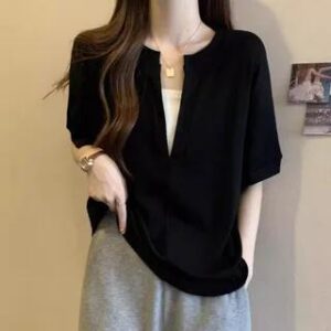 Mock Two-Piece Elbow-Sleeve Notch Neck Two Tone T-Shirt Black 282233640