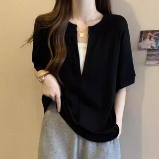 Mock Two-Piece Elbow-Sleeve Notch Neck Two Tone T-Shirt Black by Sisyphi