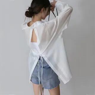 Long-Sleeve Collared Plain Backless Button Up Shirt White by MIKIGA
