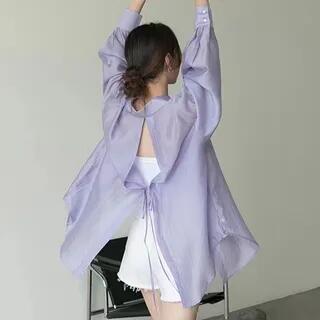 Long-Sleeve Collared Plain Backless Button Up Shirt Purple by MIKIGA
