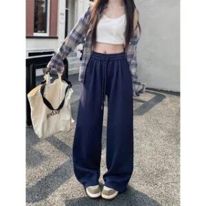 Drawstring Waist Baggy Sweatpants Dark Blue 282234020