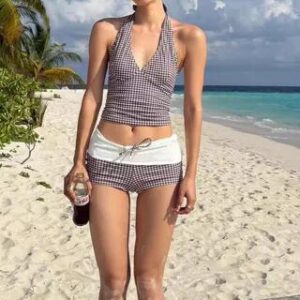 Halter V-Neck Plaid Tankini Set Sky Blue 282241500