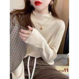 Long-Sleeve Mock Neck Plain Knit Top 073 - Almond by Shinsei