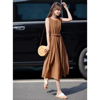 Sleeveless Round Neck Plain Belted Midi A-Line Dress Brown by Jeonseon