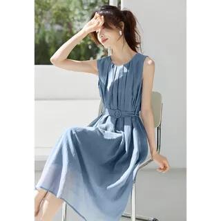 Sleeveless Round Neck Plain Belted Midi A-Line Dress Blue by Jeonseon