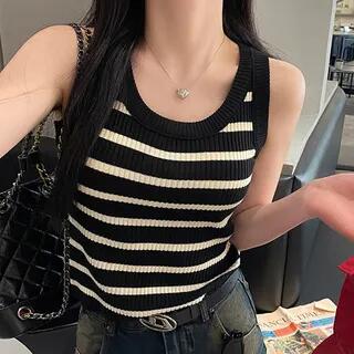 U-Neck Striped Knit Tank Top Stripe - Black by Beaustreet