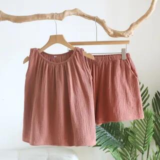 Pajama Set: Sleeveless Shirred Plain Top + Shorts 003 - Rust Red by Somnus