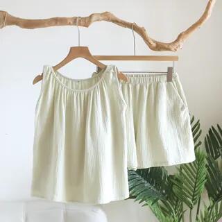 Pajama Set: Sleeveless Shirred Plain Top + Shorts 003 - Greenish Almond by Somnus