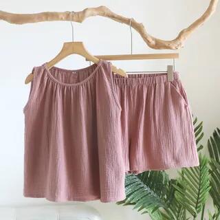 Pajama Set: Sleeveless Shirred Plain Top + Shorts 003 - Pea Pink by Somnus
