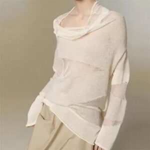Long Sleeve Cowl Neck Panel Sheer Knit Top Almond 282252425