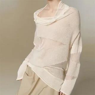 Long Sleeve Cowl Neck Panel Sheer Knit Top Almond by Beaustreet