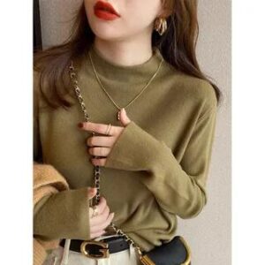 Long-Sleeve Mock Neck Plain Knit Top 073 - Mustard Green 282252969