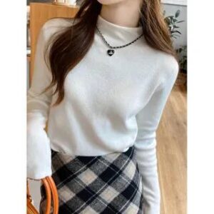 Long-Sleeve Mock Neck Plain Knit Top 073 - White 282252970