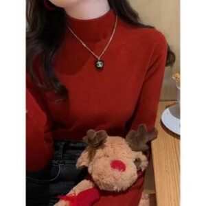 Long-Sleeve Mock Neck Plain Knit Top 073 - Red 282253488
