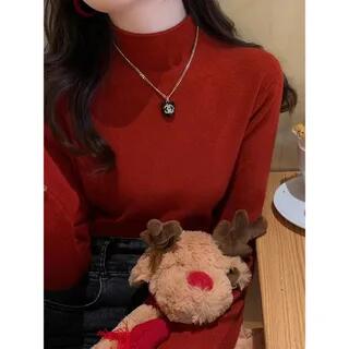 Long-Sleeve Mock Neck Plain Knit Top 073 - Red by Shinsei