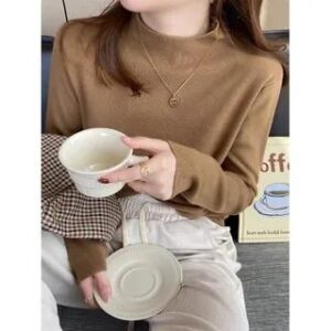 Long-Sleeve Mock Neck Plain Knit Top 073 - Khaki 282253489