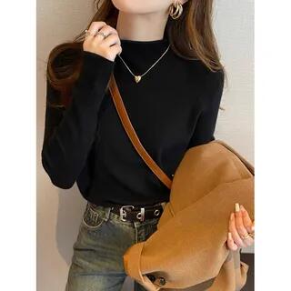 Long-Sleeve Mock Neck Plain Knit Top 073 - Black by Shinsei