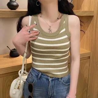 U-Neck Striped Knit Tank Top Stripe - Green by Beaustreet