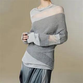 Long Sleeve Cowl Neck Panel Sheer Knit Top Gray by Beaustreet