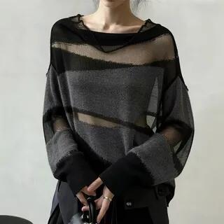 Long Sleeve Cowl Neck Panel Sheer Knit Top Black by Beaustreet